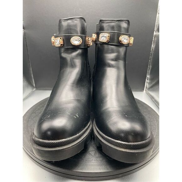 Chelsea Boots Black with Block Heel & Bedazzled Gem Cuff Size 9 Chunky Blingy - Picture 5 of 13